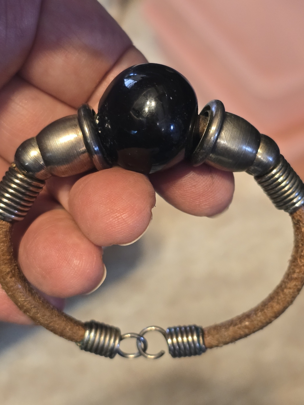 Men's Leather Bracelet with Black Bead and Metal Accents